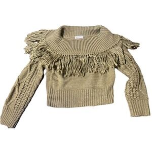 Swank Fringe Chunky Green Sweater Sz L/XL Boho Camel Cropped Off The Shoulder